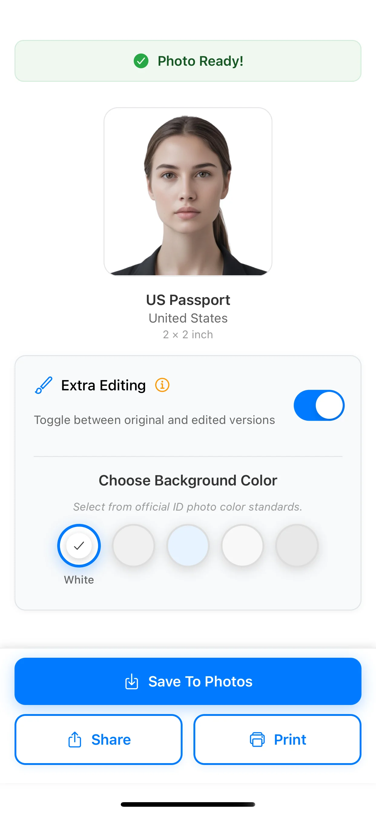 PhotoID final result with save, share and print actions