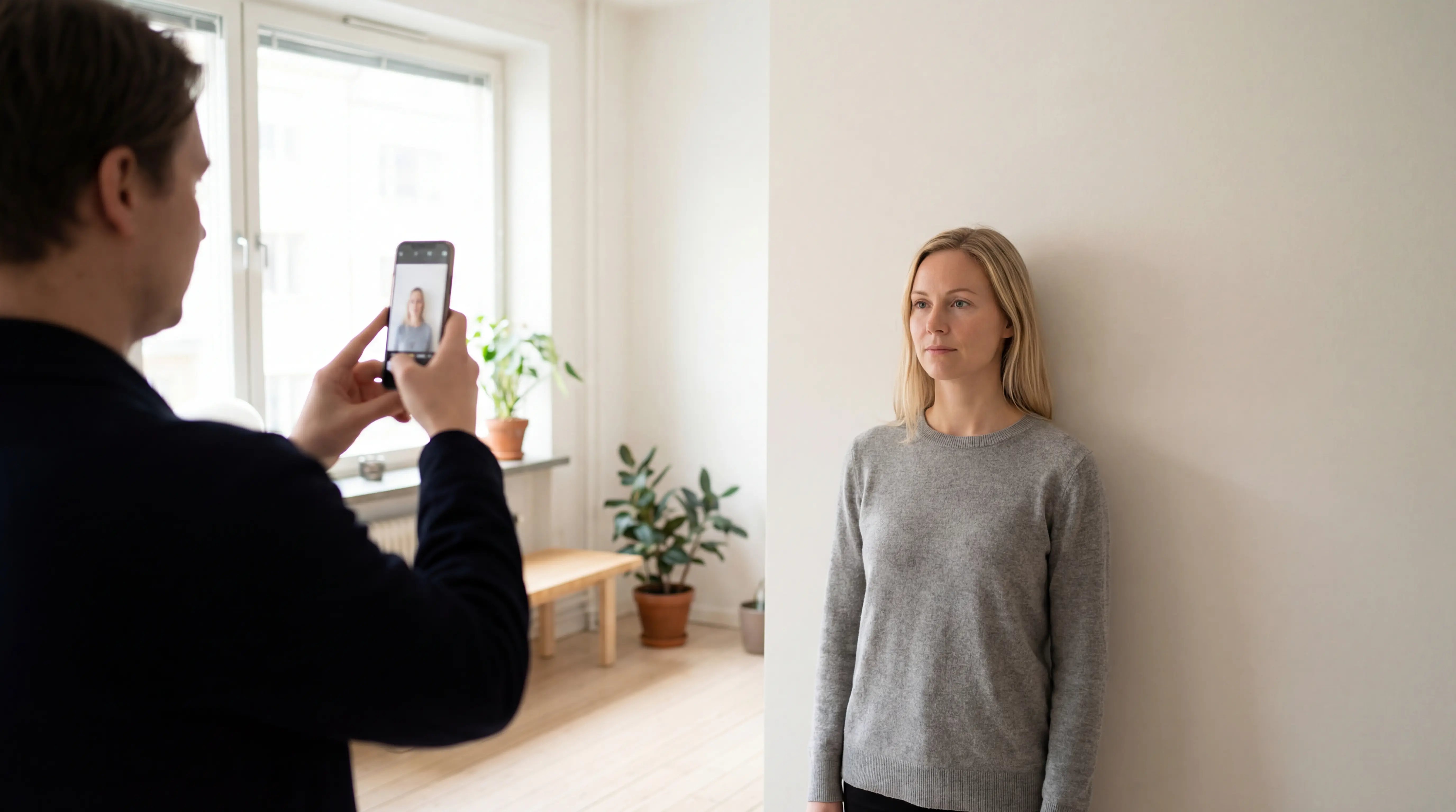 A person using a smartphone to take a document photo while the subject stands against a plain light wall